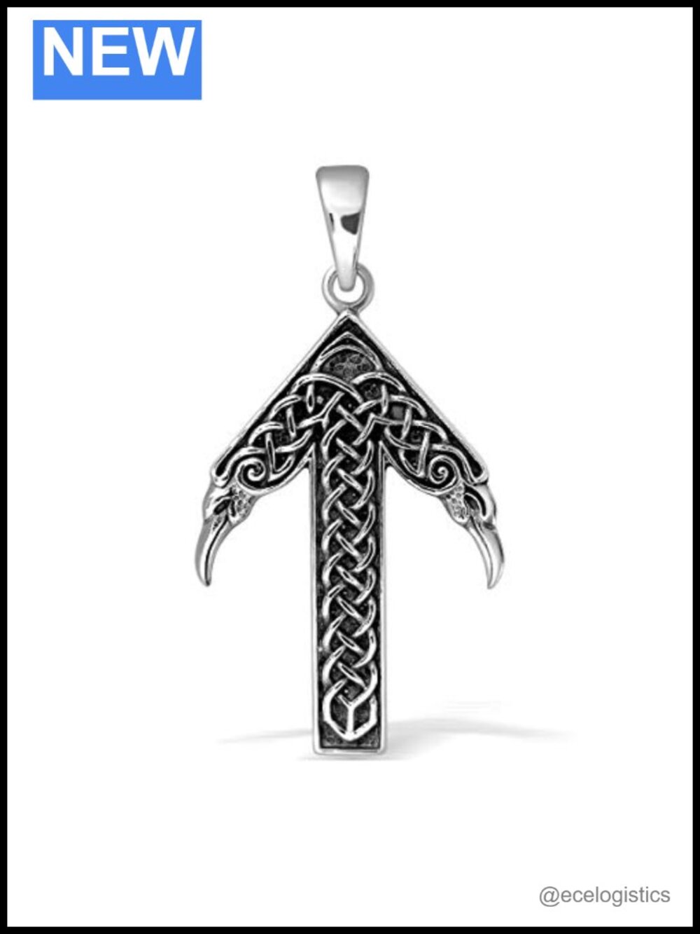 925 Sterling Silver Viking Rune Crow Head Pendant Necklace